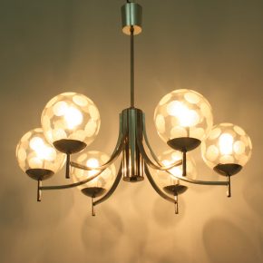 #72 6 Armed Chrome & Glass Chandelier