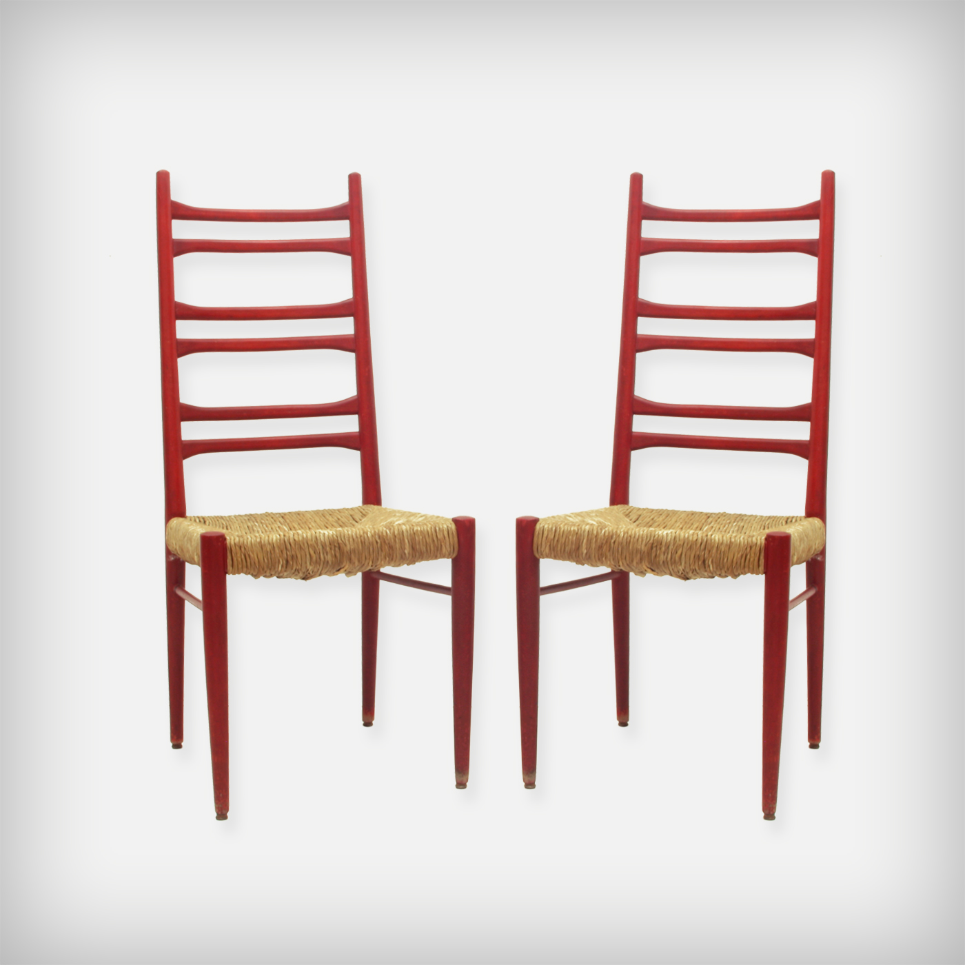 Pair Of Red Wood Woven Rush Seating Dining Chairs Good Old